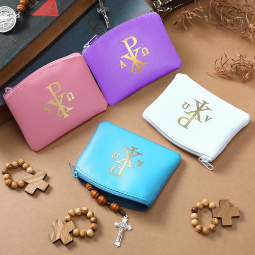 Image of Dansydaisy 4 Pcs Rosary Pouch Catholic with Gold Cross PU Leather Rosary Case for Women and Men Coin Purses Holder Zipper Bag for Travel Christmas, 4 Colors(Elegant Colors,Chi Rho)