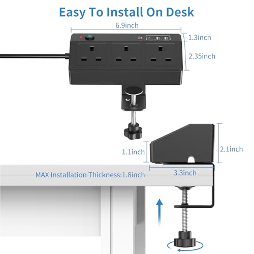 Desk Power Socket with USB C Slots, HAFINO PD 20W Fast Charging Power Station, 2M Extension Lead with USB Slots with Removable Clamp, Desktop Power Strip for Home Office - Image 5