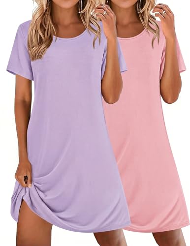 Image of Ekouaer 2 Pack Nightgowns for Women Sleepshirt Short Sleeve Night Shirts