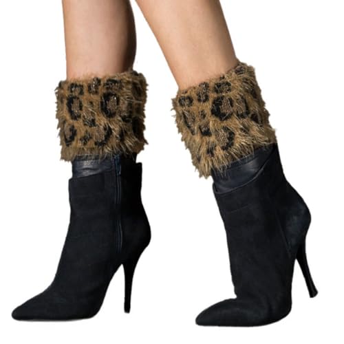 Faux Fur Leg Warmers for Women Short Fuzzy Boot Cuffs Toppers for Winter Leopard Knitted Leg Warmer