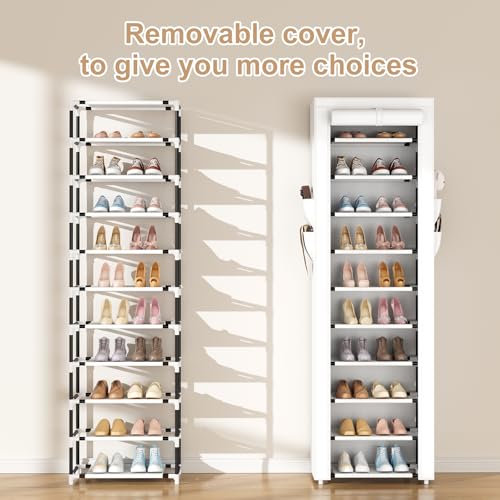 Image of ROJASOP Shoe Rack with Covers 10 Tier Large Shoe Organizer Tall Shoe Closet Storage for 20-22 Pairs Shoe and Boot, Free Standing Shoe Rack Organizer for Closet, Entryway, Bedroom, White