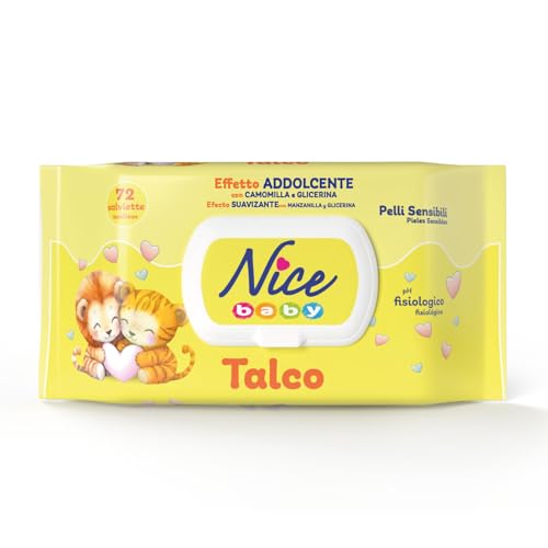 Nice Baby Talco Salviette per Cambio Pannolino, con Camomilla e Glicerina ad Effetto Addolcente sulla Pelle, Dermatologicamente Testate, Confezione da 72 Salviette