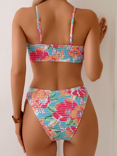 Fanuerg Women's Shirred Bikini Sets Scoop Neck Cheeky Two Piece Swimsuit Floral Print Bathing Suit4