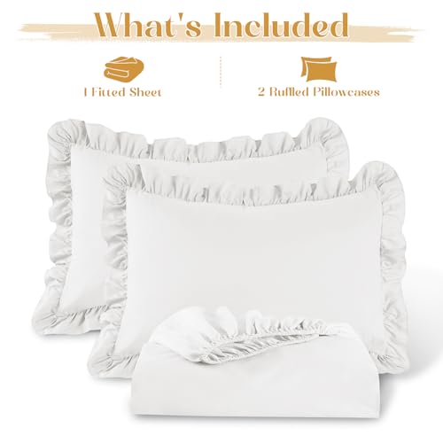 Image of Homiest 2-Pieces Ruffle Pillow Case & Fitted Sheet Set, White Twin Sheets with Ruffled Pillow Shams, 15 Inch Deep Pocket, Cute & Coquette Microfiber Bed Set for Decorating Bedroom Hotel