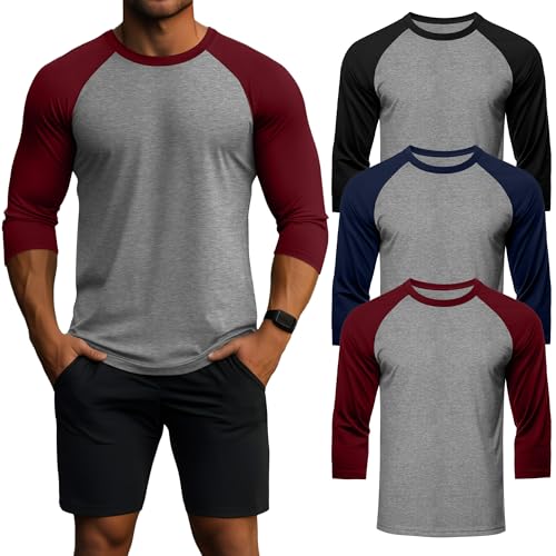 Huukeay 3 Pack Men's 3/4 Sleeve Shirts Cotton Crew Neck Baseball T Shirts Moisture Wicking Athletic Tops