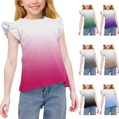 Girls Gradient Ruffle Flutter Sleeve T-Shirts Loose Crewneck Cute Summer Tops Casual Tees for Kids 3-15 Years2