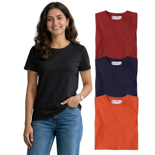 Image of Reifica Women's Plain Half Sleeve T-Shirt Combo Pack of 4