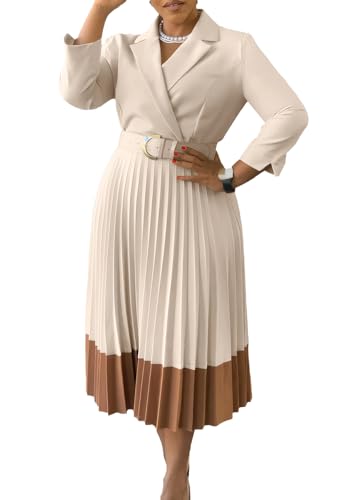 HuiSiFang Women's Long Sleeve Blazer Dress Elegant Dressy Lapel Pleated Midi Dress with Belt
