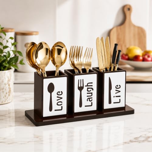 Image of GKD Wooden Spoon Holder for Kitchen Counter, 3 Section Cutlery Stand Organizer for Spoon Knife Fork, MDF Wood Utensil Holder with Base for Dining Table & Kitchen (Made in India) (Love Laugh)