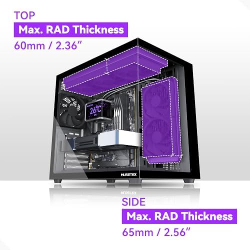 MUSETEX Y6 PC Case, Pre-Installed 4 Non-LED Fans, ATX Mid Tower Case, Computer Case with Type-C, 270° Full View Tempered Glass, Black