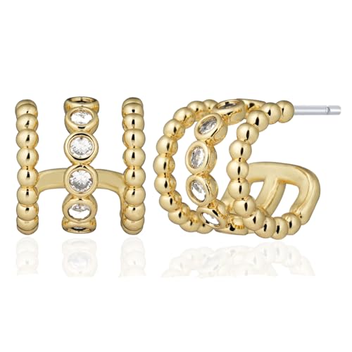 Image of Obidos 14K Gold Plated Illusion Stud Earrings for Women | Triple Huggie Hoop Earrings for One Hole| Trendy Simple Hypoallergenic Fashion Accessories Gold Jewelry Gifts for Womens
