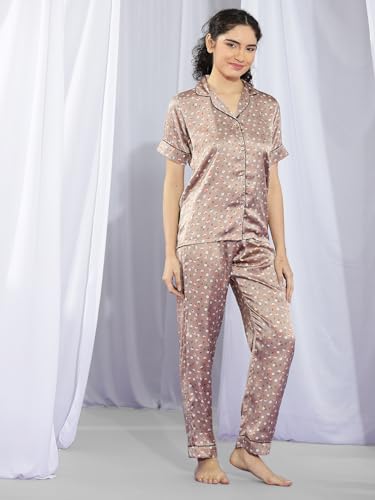 Image of KOTTY Women's Printed Satin Night Suit Shirt & Pyjama Set