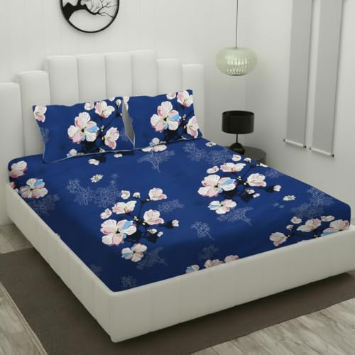 Image of Filymore Flat Doble Bed Sheet Floral Design Bedcover with 2 Pillow Covers - 240 TC Soft Microfiber Doble bedsheet for Queen /King Size Bed (Blue) (90x95 inches)