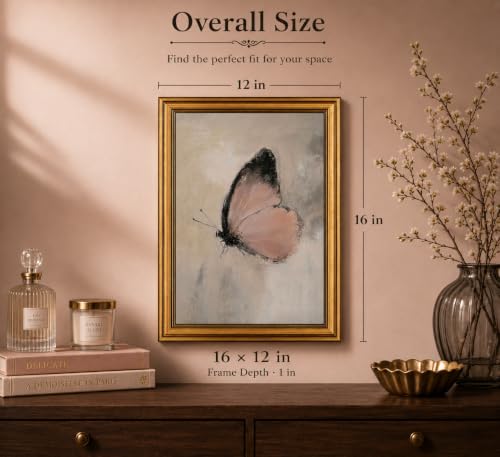 Image of Gold Framed 3D Textured Wall Art, Vintage Pink Butterfly Canvas Prints, Moody Cottagecore Moth Pictures Decor, Boho Rustic Farmhouse Insect Artwork for Living Room Bedroom Bathroom 12x16inch