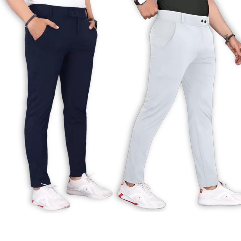 Image of Men's Stylish Slim Fit Lycra Blend Trousers - Pack of 2 (Combo) Formal Pants for Men | Stretchable Regular Office Formal Wear | Comfortable Solid Casual, Business, and Work Trousers for Men