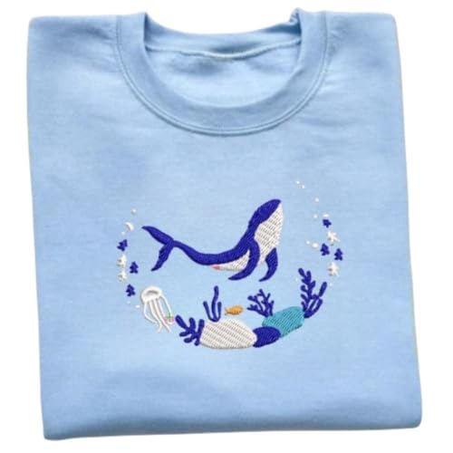 Blue Ocean Whale Embroidered Sweatshirt,Whale Embroidery Crewneck, Nature Lover Gift,Unisex