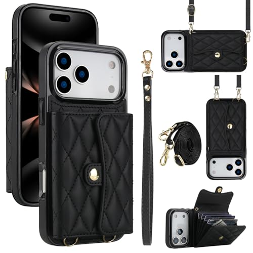 Étui iPhone 17 Pro Max noir en cuir synthétique avec fentes cartes et bandoulière