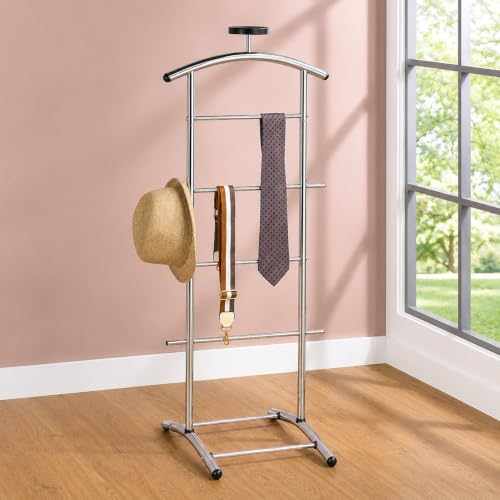 Image of Kings Brand Freestanding Metal Suit Valet Stand with Tie Bar, Chrome | Complete Clothing Organizer with Hanger, Trouser Bar & Shelf Keeps Jackets, Pants, Ties, Belts & Accessories Organized