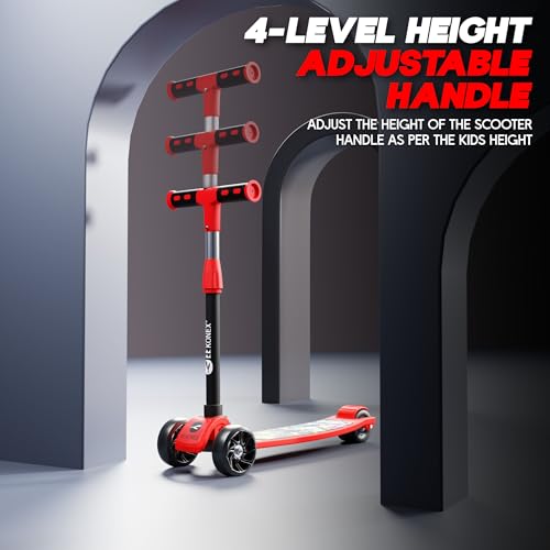Image of Konex Kick Scooter for Kids (2+ Years) | 3 Broad Rubber Wheels for Smooth Ride | 4-Level Height Adjustable Handle | Foldable & Portable with Back Brake (Red-Black, ECO)