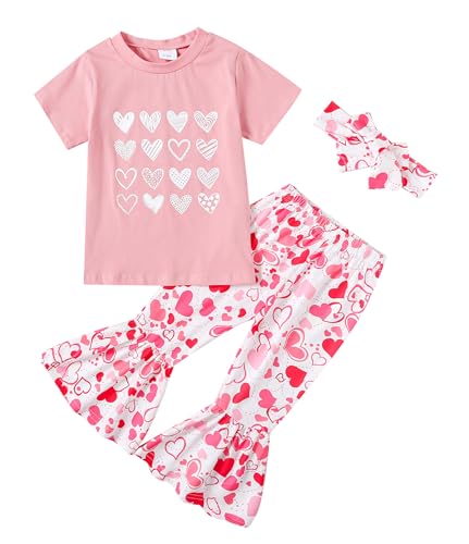 Image of Girl Valentines Day Outfit Letter Tee Shirt Love Heart Bell Buttoms Pants Headband Clothes Set