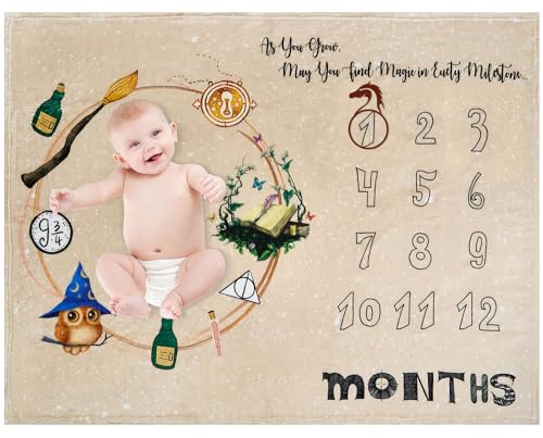 Image of DCOOLGO Magic Elements Monthly Baby Milestone for Boys and Grils Flannel Blanket Boy Newborn Baby Blanket Growth Picture Baby Blanket (with Photo Frame) 50"x40"