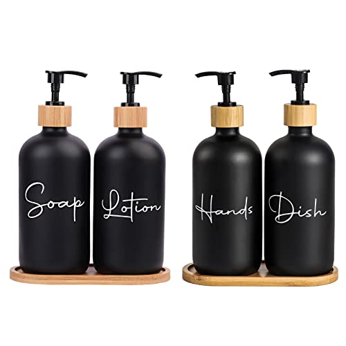17 oz Hand Soap Dispenser Empty Glass Lotion Pump Bottles, Refillable Liquid Dish Soap Bottles for Bathroom Decor, Kitchen Sink, Matte Design and Wood Tray, Pack of 4