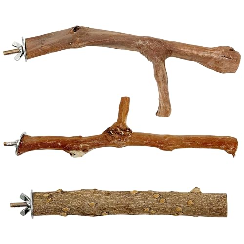 Image of Woohome 3 PCS Natural Grape Stick Natural Wooden Parrot Stand, 2 Grape Wood Perch, 1 Stand, Paw Grinding Fork Bird Perch Stand for Cage Accessorie, Cockatiels, Small Birds