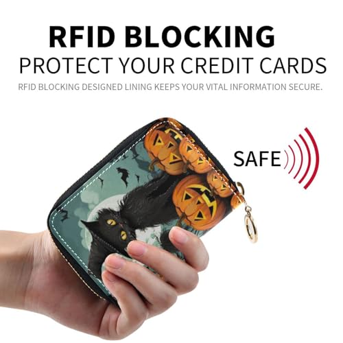 Halloween Pumpkin Black Cat Credit Cards Holder Purse for Women with Zipper,Leather Business Card Wallets for Ladies 202a06162