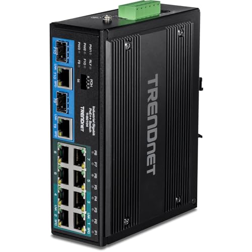 Image of TRENDnet 10-Port Hardened Industrial Unmanaged Gigabit PoE ++ DIN-Rail Switch, 4 Gigabit PoE++ Ports, 4 Gigabit PoE+, 2 Gigabit Share Ports SFP or RJ-45, 360W Power Budget, Black, TI-BG104