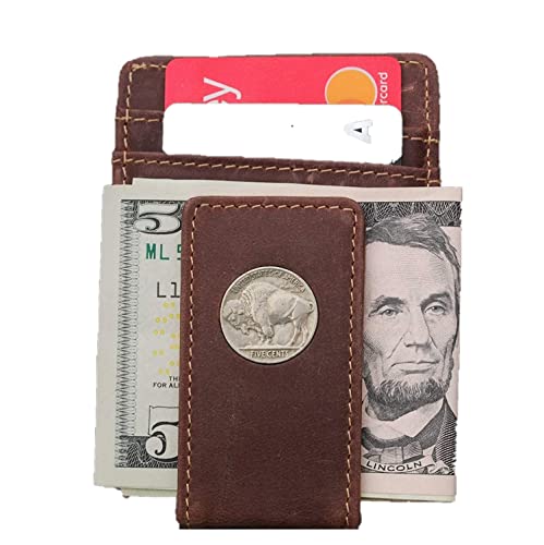 US 1913~1938 Indian Head Buffalo Nickel 5 Cent Coin Magnetic Money Clip and Wallet Combo New - Crazy Horse Water Buffalo Leather
