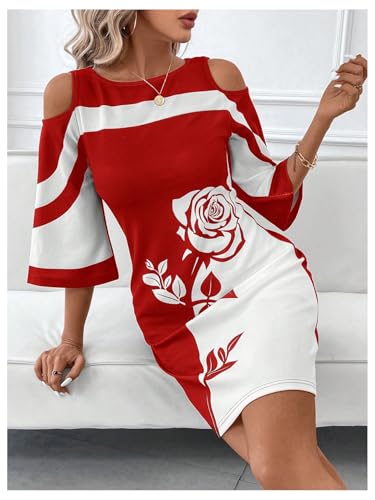 Image of Verdusa Women's Floral Print Cold Shoulder Dress Color Block Half Sleeve Short Dress