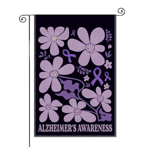 SRWNFOS Alzheimer's Awareness Garden Flag, Double Sided Home Yard Outdoor Indoor Decor Banner, Support Alzheimer Recovery Memorial Gifts for Family Friend, Purple Ribbon Floral Decor for Grandparents