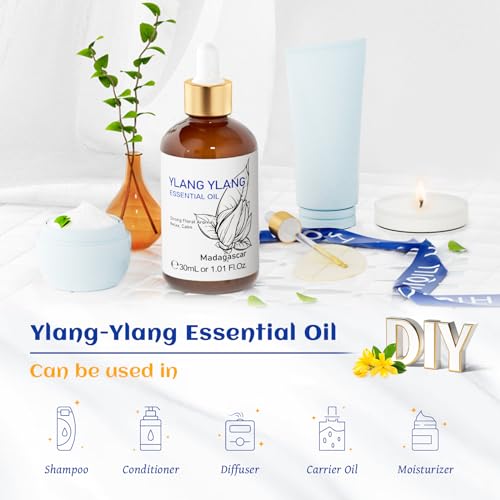 Image of HIQILI Ylang-Ylang Essential Oil for Diffuser, Aromatherapy, DIY Perfumes | Long-Lasting Exotic Floral Scent for Home, Living Spaces & Massage - 30mL / 1.01 fl oz