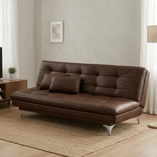 Image of FURNY Eagel 3 Seater Leatherette Sofa Cum Bed with 2 Cushions (Brown) in Premium Finish | Ideal for Living Room, Bedrooms, Offices, Hotels