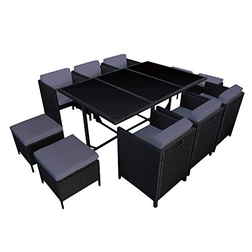 HABELOCK - Muebles de Jardín de Resina Trenzada Empostrable – Conjunto de Mesa, Sillas y Pufs de Exterior – Resistente a la intemperie – Cojines Suaves y Repelente de Agua –10 Asientos– Negro Gris