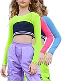Perfashion Crop Tops for Kids Mesh Long Sleeve Neon Shirts Girls 3 Pack Teen Trendy Size 8-10 Fishnet Hip Hop