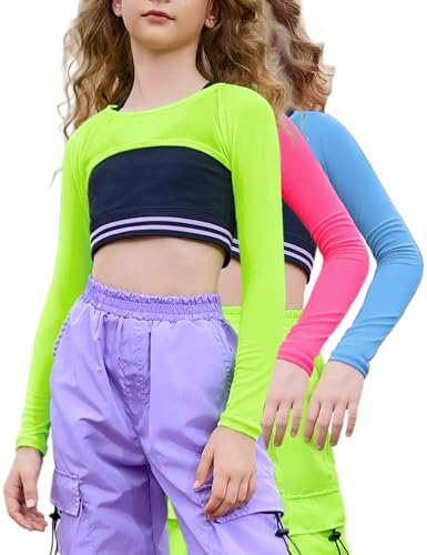 Perfashion Girls Mesh Crop Top 3 Pack Long Sleeve Shirts for Teen Trendy Hip Hop Dance Outfits 4-13Y