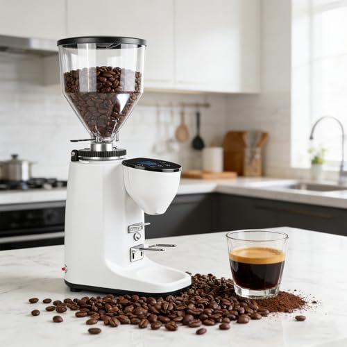XEEAOFE Molinillo de Café Eléctrico para el Hogar, Molino de Muelas con Muelas Planas de 60mm, 19 Ajustes Ajustables, Tolva Grande de 500g y Práctico Soporte Desmontable White