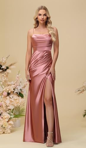 Satin Bridesmaid Dresses 2025 Spaghetti Straps Ruched Mermaid Prom Dress Formal Evening Gowns with Slit4