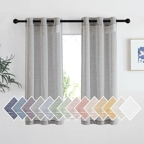 NICETOWN Charcoal Grey Linen Curtains for Bedroom 48 inch Long, Grommet Flax Semi Sheer Short Window Treatments Privacy with Light Filtering Drapes for Kids Room, 2 Panels, W36 x L48