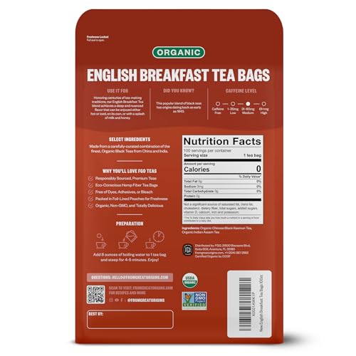 Image of FGO Organic English Breakfast Black Tea, 100 Count, Eco-Conscious Tea Bags, Resealable Bag, Packaging May Vary (Pack of 1)