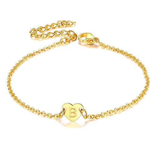 FaithHeart Pulseras Letras Alfabeto B Chapado en Oro Amarillo 18K Acero Inoxidable Cadena Corta Eslabones Redondos Rolo de Muecas Charm Corazn