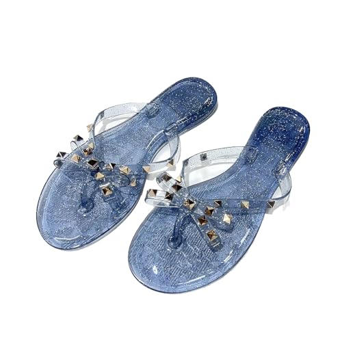 Women's Studded Bow Jelly Flat Flip Flops Fashion Comfort Open Round Toe Slip On Thong Slipper Sandals With Rivets for Summer Outdoor Beach Pool