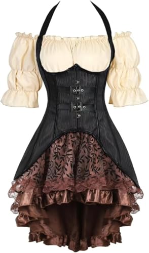 Jutrisujo Korsett Kleid Underbust Damen Korsettkleid 3 Set Steampunk Corsage Mit Träger Lang Piraten Unregelmäßig Kostüm Für Vintage Schwarz M