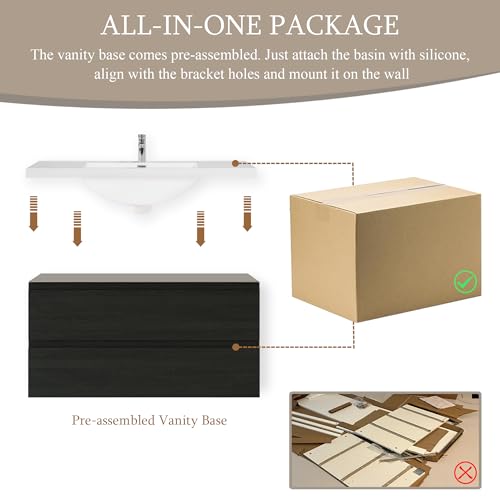 Image of KEIKI 48 inch Floating Bathroom Vanity with Sink, Pre-Assembled Wall-Mounted Vanity with Resin Basin, 2 Soft-Close Drawers & Doors, Modern Space-Saving Bathroom Cabinet, Black