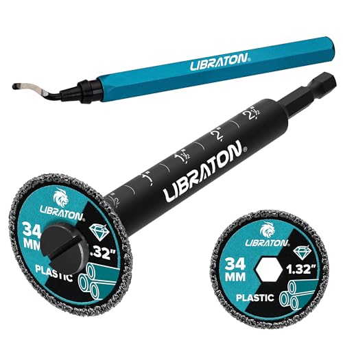 Libraton Inside Pipe Cutter for PVC Pipe, Internal Plastic Cutter Plumbing Tools Set with Deburring Tool, PVC Pipe Cutter Diamond Grit Cutting Wheel for Impact Drivers and Drills, PVC Cutter Tool