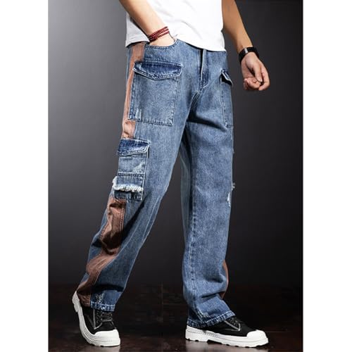 Mens Ripped Cargo Jeans Straight Leg Patchwork Denim Pants Streetwear2