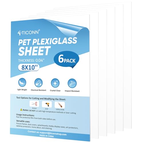 TICONN PET Plexiglass Sheets, 6 Pack Clear Plastic Sheet, Easy to Cut Thin Flexible PET Plastic Sheeting Panels for DIY Art Projects, Crafts, Picture Frames, Signs (6 Pack, 8