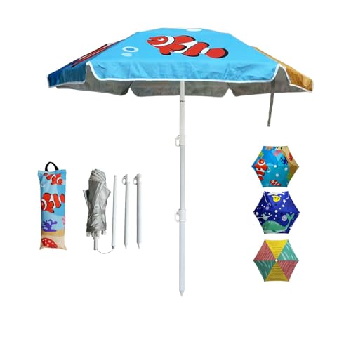 LOTTAFUN Kid 5ft Beach Umbrella Diameter 0.99-1.2 inches Pole UV 50+ Portable Sun Shade with Sand Anchor & Carry Bag Outdoor Folding Umbrella for Beach Pool Patio Garden (Fish) NO Tilt The sand needs to be over 5 inches above the bottom