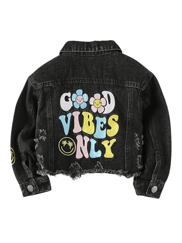 WDIRARA Girl's Letter Graphic Denim Jacket Raw Hem Long Sleeve Button Down Outerwear